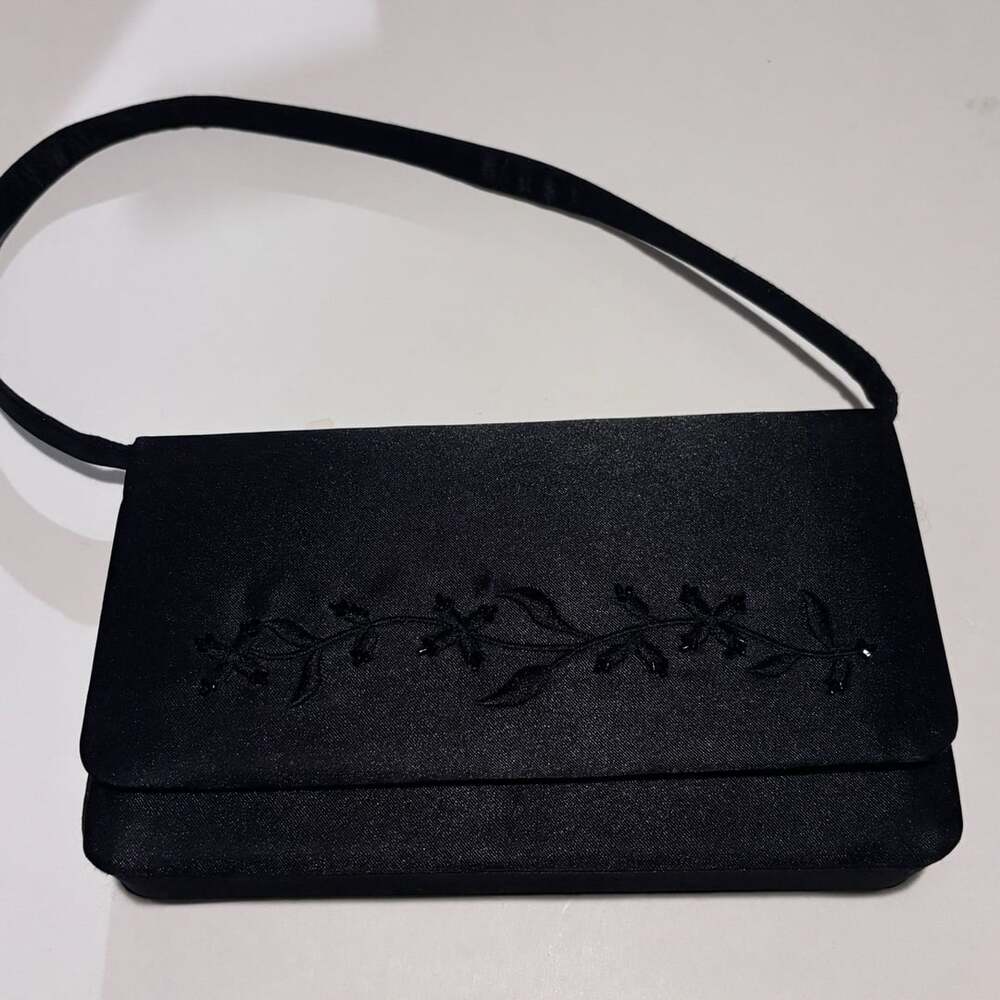 Vintage Black Satin Floral Embroidered Evening Bag Clutch with Shoulder Strap